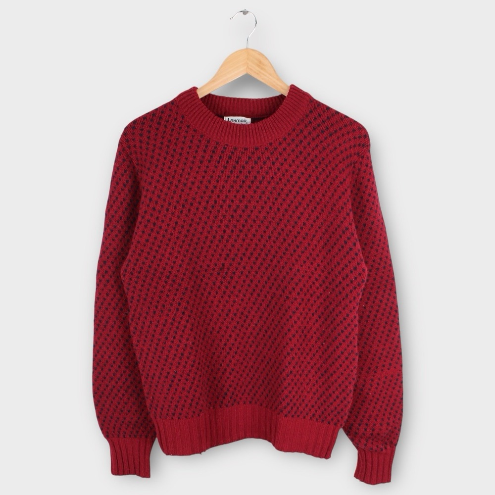 Vintage Lahmar Red Black Knit Sweater Made in USA Men's Size M Retro 80s Chunky